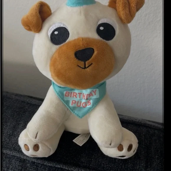 Plush Birthday Pug Dog Toy - Cream & Brown with Teal Bandana, New without tag 🏷️ - Picture 1 of 5